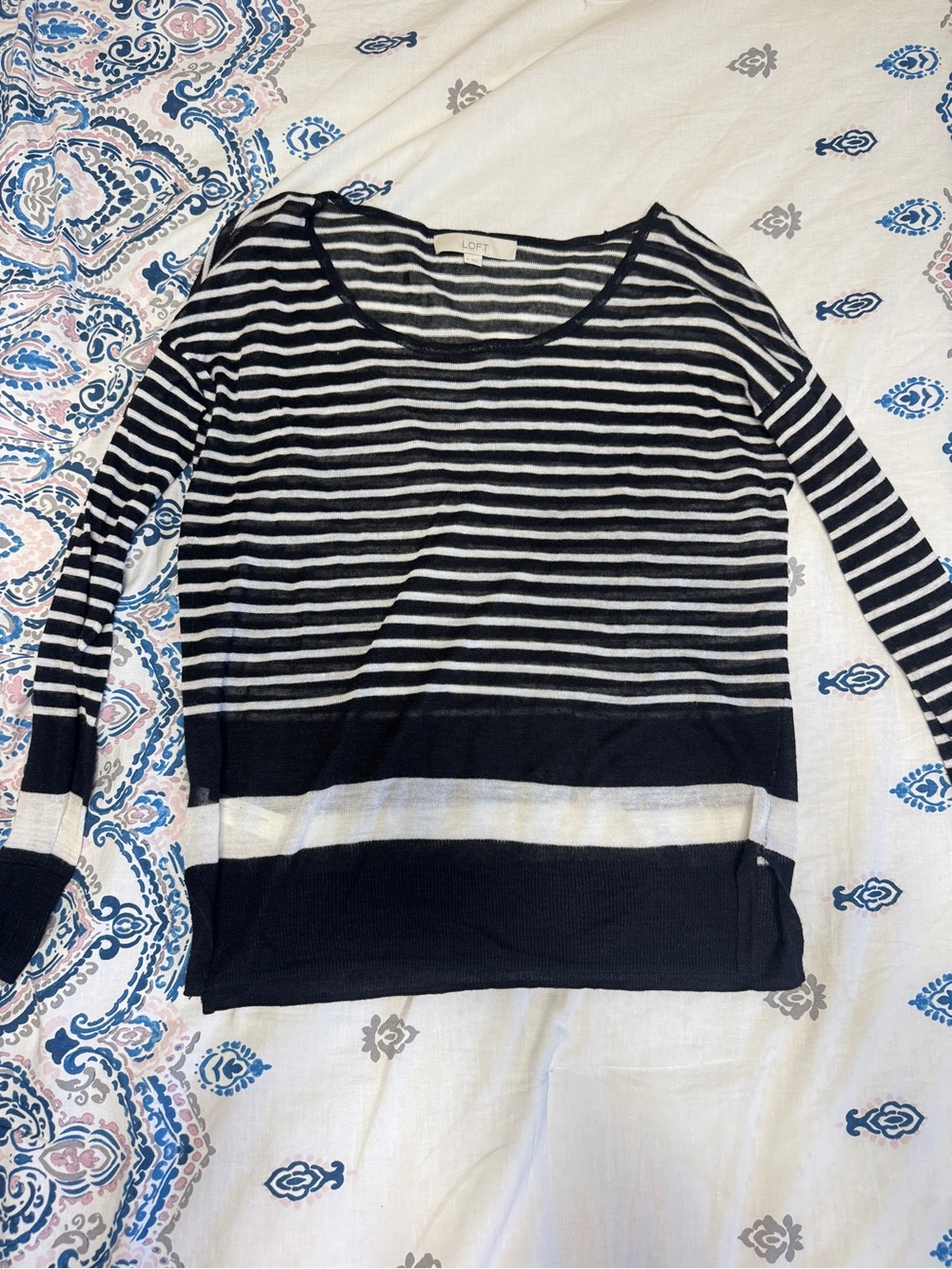 LOFT Black and White Striped Lightweight Pullover